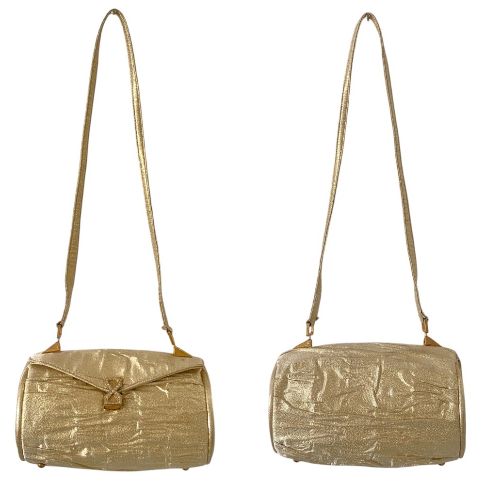 VINTAGE 1960s Lou Taylor gold ruched mini small cocktail bag w/ built in MIRROR